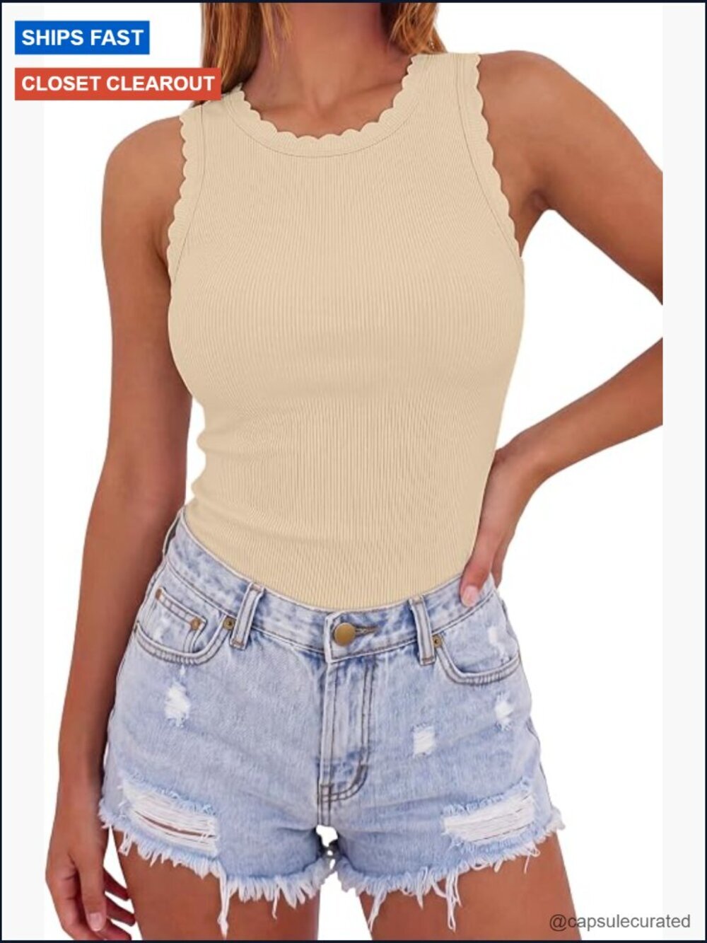 Fitted Ribbed Knit Sleeveless Crew Neck Tank Top Summer Staple Layering